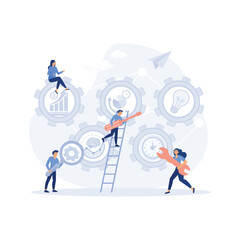 Man and woman business organization with circle gear. Skill job cooperation coworker person, flat vector modern illustration