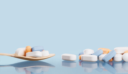 Medical background of many white capsule tablets or pills on blue table. Close up. Healthcare...