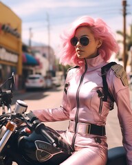 Naklejka premium A daring woman in a pink futuristic outfit and sunglasses rides a motorcycle through the streets, exuding confidence and freedom