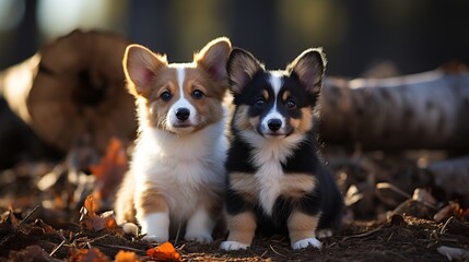 Two Pembroke Welsh Corgi puppies, sable and tricolor. Sitting on outdoor