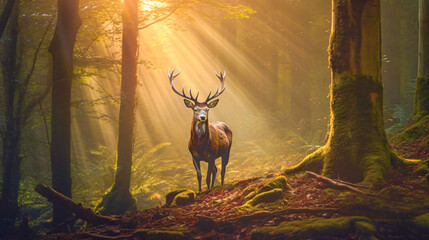 single georgous male deer standing in the wood in the evening light