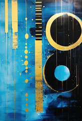Abstract acrylic painting background poster with blue, black and gold colors, generative ai