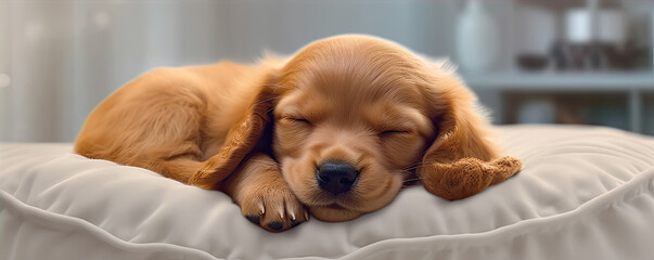 A sleepy cute brown puppy dozing on a pillow. generative ai - obrazy, fototapety, plakaty
