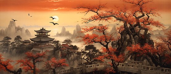 an oil painting of a sunset with birds and a pagoda Generated by AI
