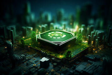  Concept of green technology. green recycle sign on circuit board technology innovations