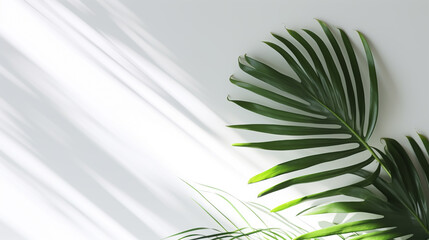 palm plant in studio interior white background wall. Transparent blurry shadow of tropical leaves morning sun light, generative ai