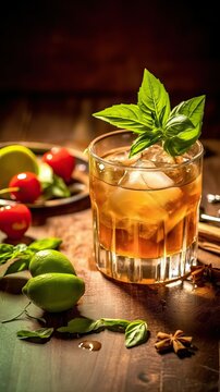 Mai tai with rum and tropical fruit garnish (Ai generated)