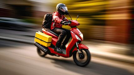 delivery scooter driver with courier box going . ai generated