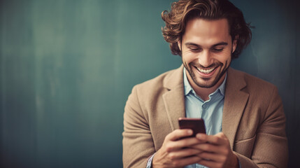 Smiling man with mobile in hand, contact concept. Smooth background. ia generate