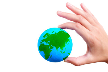 Green and Blue Terrestrial Globe in Hand on White