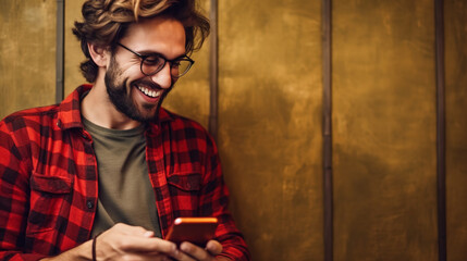 Smiling man with mobile in hand, contact concept. 