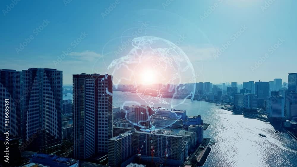 Poster Modern cityscape and global communication network concept. Smart city. Digital transformation. Composite visual with a drone point of view. Mixed media.