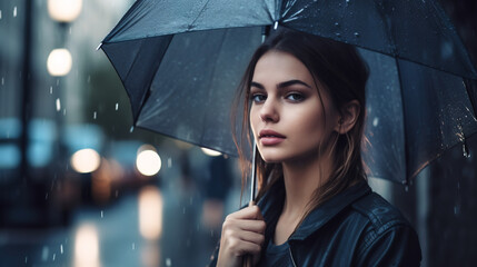 Woman with umbrella in the rain. ia generate