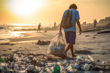 Man on the beach collecting garbage and plastics. Climate change and environment concept. ia generate