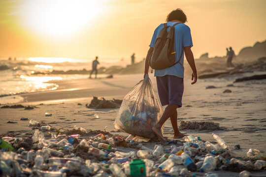 Man on the beach collecting garbage and plastics. Climate change and environment concept. ia generate - Powered by Adobe
