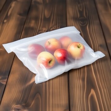 White plastic pouch bag with apples on wood table. Generative AI.