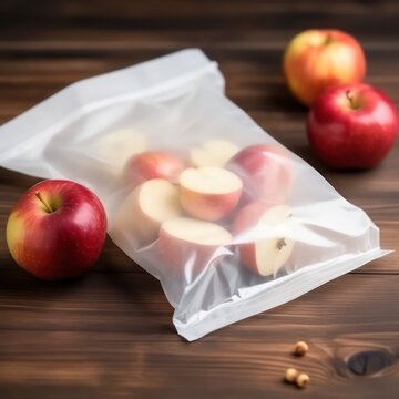 White plastic pouch bag with apples on wood table. Generative AI.
