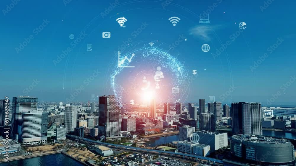 Poster Modern cityscape and global communication network concept. Smart city. Digital transformation. Composite visual with a drone point of view. Mixed media.