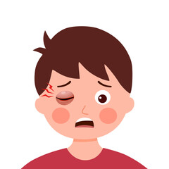 Boy child with swollen eye in flat design on white background.