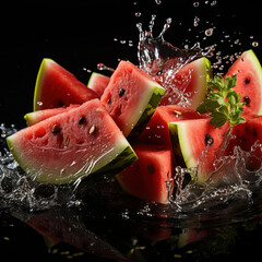 Fresh watermelon and splashing water,created with generative ai tecnology.
