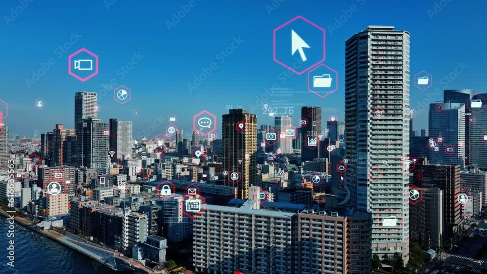 Fototapete Modern cityscape and communication network concept. Smart city. Digital transformation. Composite visual with a drone point of view. Mixed media.