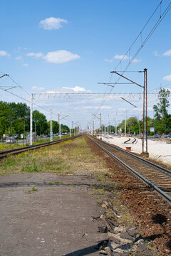 Railway Lines Closeup, Train Tracks with Track Ballast Stones, Metal Rails, Old Railway Track