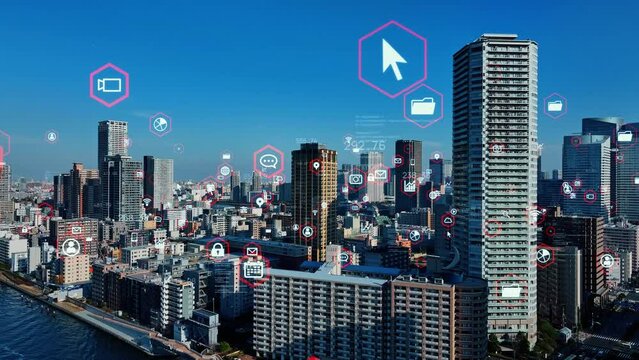 Modern cityscape and communication network concept. Smart city. Digital transformation. Composite visual with a drone point of view. Mixed media.