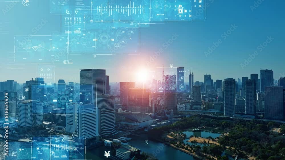 Leinwandbilder Modern cityscape and digital technology concept. Smart city. Digital transformation. Composite visual with a drone point of view. Mixed media.