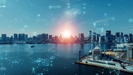 Modern cityscape and digital technology concept. Smart city. Digital transformation. Composite visual with a drone point of view. Mixed media. - Powered by Adobe