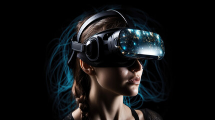 Illustration of woman in vr helmet on virtual reality game background. Generative AI