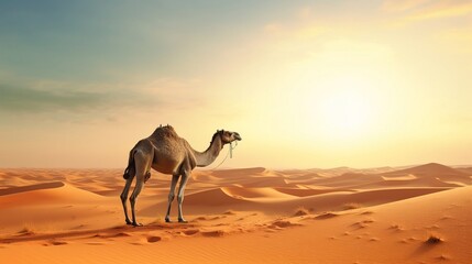 Camel in the desert, hot weather. Created with Generative Ai technology.