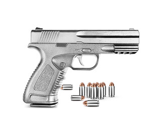 gun silver metal  with ammunition, transparent background