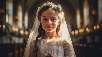 Portrait of pretty girl with first communion dress on church background , Created with Generative Ai Technology