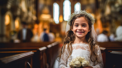 Portrait of pretty girl with first communion dress on church background , Created with Generative Ai Technology - obrazy, fototapety, plakaty