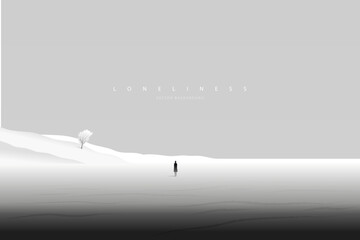 A lonely man in the futuristic landscape. Loneliness. Negative unhappy feeling. Depression thinking. Heartbroken. Nostalgic man thinking about the past. Back view. Conceptual emotional illustration