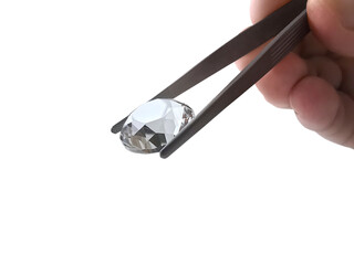 Select cut diamond in diamond tweezers, transparent background