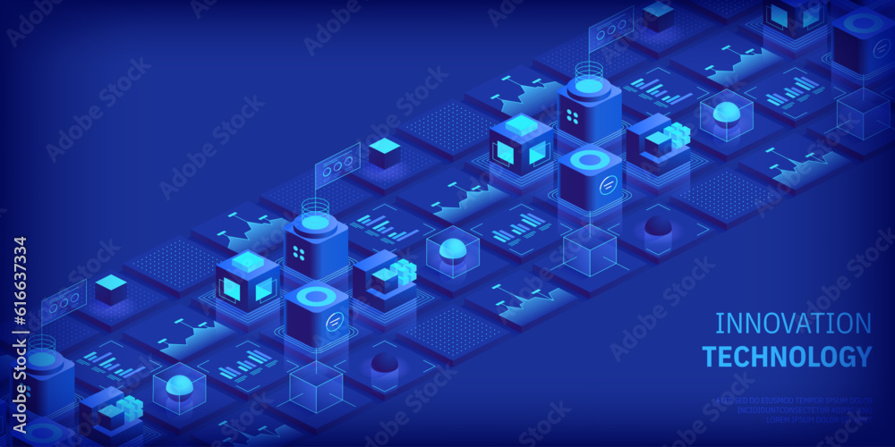 Poster engineering innovations design. abstract technology background. blockchain concept banner. isometric