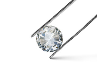 Shiny brilliant diamond placed in diamond tweezers, transparent background