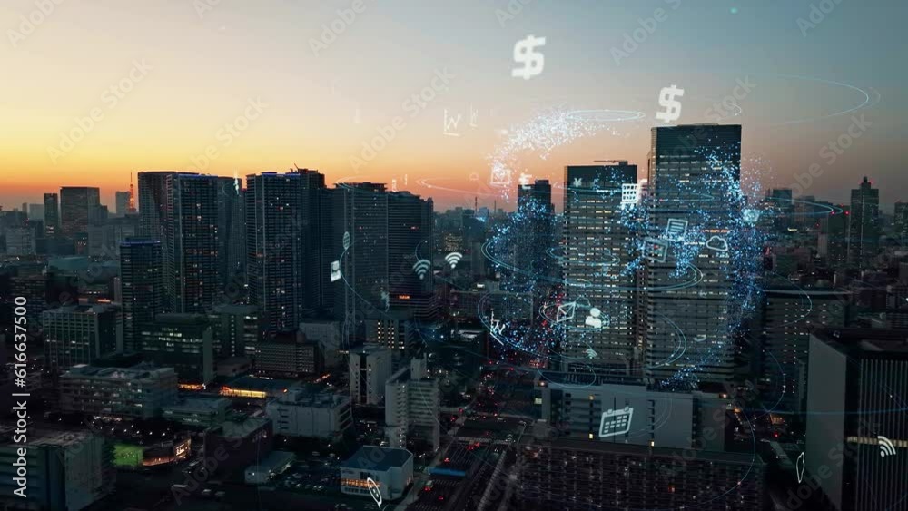 Aufkleber Modern cityscape and communication network concept. Telecommunication. IoT (Internet of Things). 5G. Smart city. Digital transformation. Composite visual with a drone point of view. Mixed media.
