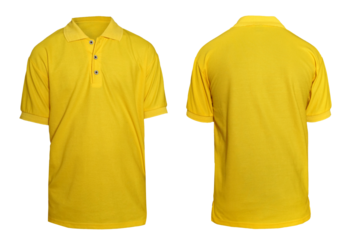 Blank collared shirt mock up template, front and rear view,  plain yellow t-shirt isolated on white. Polo tee design mockup presentation for print
