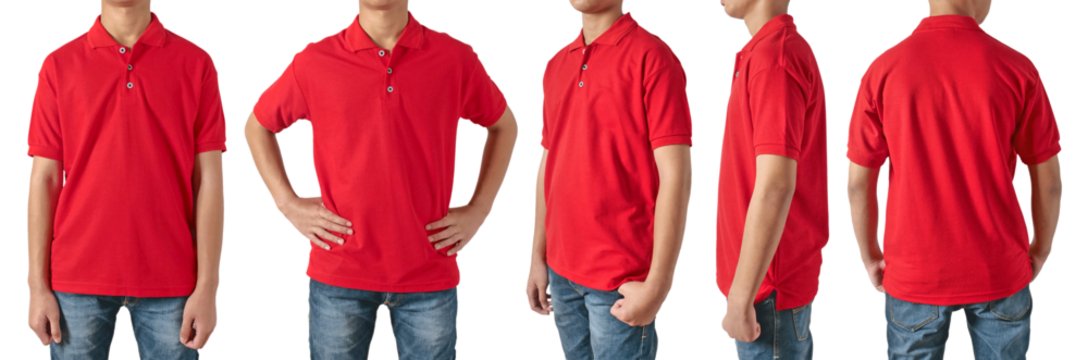 Blank collared shirt mock up template, front side and back view, Asian teenage male model wearing plain red t-shirt isolated on white. Polo tee design mockup presentation for print