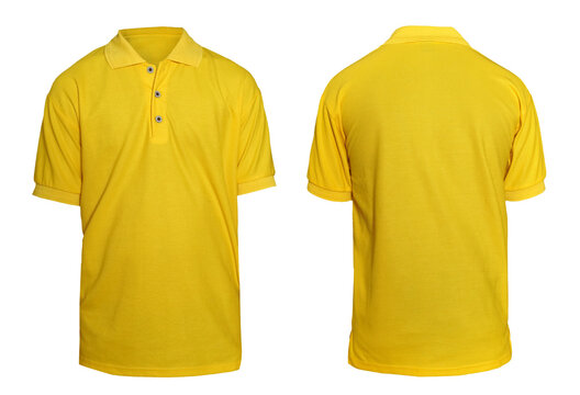 Blank collared shirt mock up template, front and rear view,  plain yellow t-shirt isolated on white. Polo tee design mockup presentation for print
