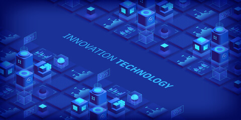 Engineering innovations design. Abstract technology background. Blockchain concept banner. Isometric digital blocks connection with each other crypto chain. Blocks and cubes Vector illustration