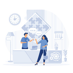 Scene with guests at hotel lobby, travellers standing at reception desk and talking to receptionist. flat vector modern illustration