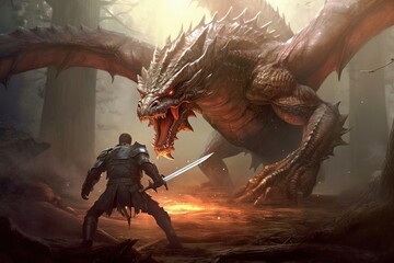 Fantasy scene with dragon and knight in battle.Generative Ai