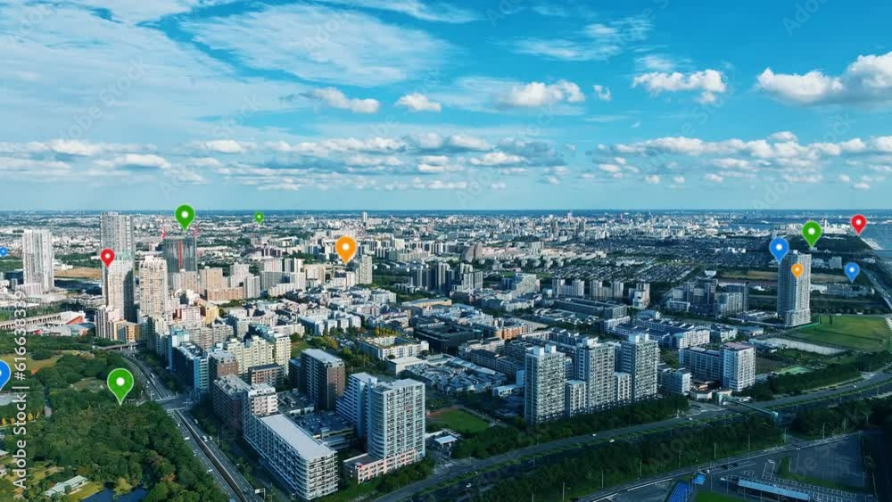 Leinwandbilder Modern cityscape and location information concept. GPS. Global Positioning System. Navigation map. Composite visual with a drone point of view. Mixed media.