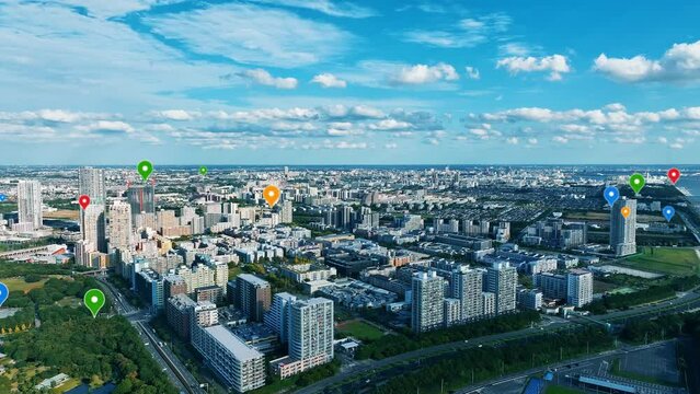 Modern cityscape and location information concept. GPS. Global Positioning System. Navigation map. Composite visual with a drone point of view. Mixed media.