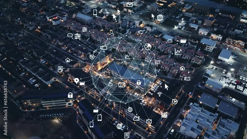 Aufkleber Modern residential are and communication network system concept. IoT (Internet of Things). Smart house. Digital transformation. Composite visual with a drone point of view. Mixed media.