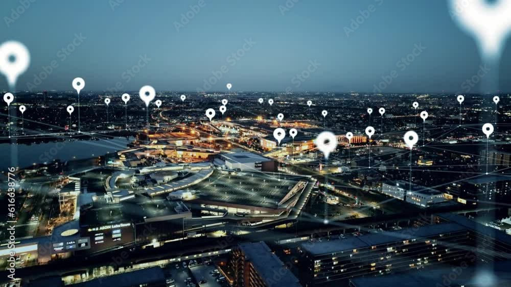 Poster Modern cityscape and location information concept. GPS. Global Positioning System. Navigation map. Composite visual with a drone point of view. Mixed media.