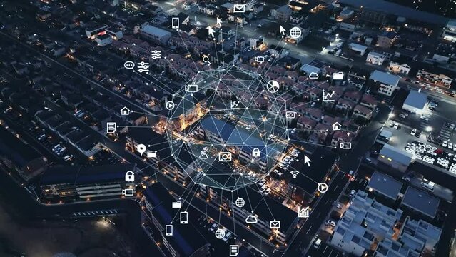 Modern residential are and communication network system concept. IoT (Internet of Things). Smart house. Digital transformation. Composite visual with a drone point of view. Mixed media.